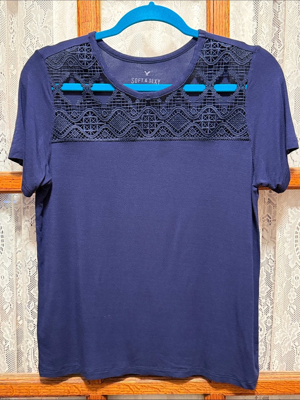 American Eagle Soft & Sexy Navy Short Sleeve Tee with Lace Yoke